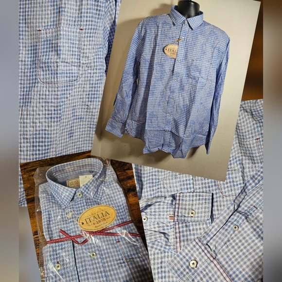 NEW Vintage Italia 1958 Blue White Plaid Paisley Long Sleeve Shirt XL - Picture 3 of 15